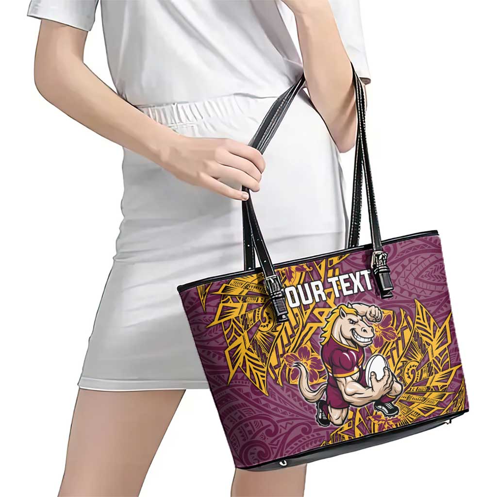 Personalised Brisbane Broncos Leather Tote Bag Polynesian Tribal Pattern With Rugby Horse Mascot Art