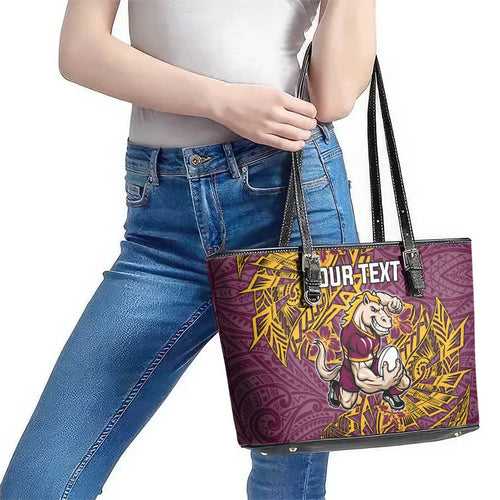 Personalised Brisbane Broncos Leather Tote Bag Polynesian Tribal Pattern With Rugby Horse Mascot Art