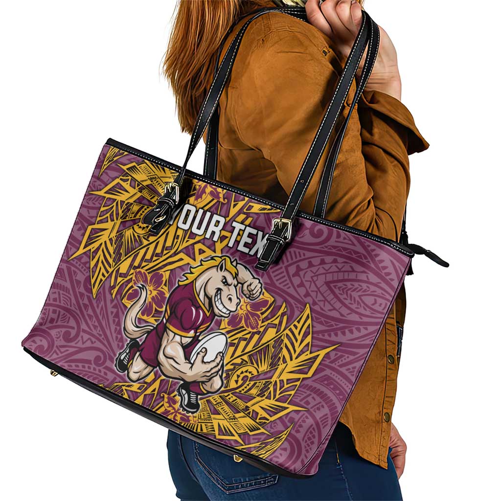 Personalised Brisbane Broncos Leather Tote Bag Polynesian Tribal Pattern With Rugby Horse Mascot Art