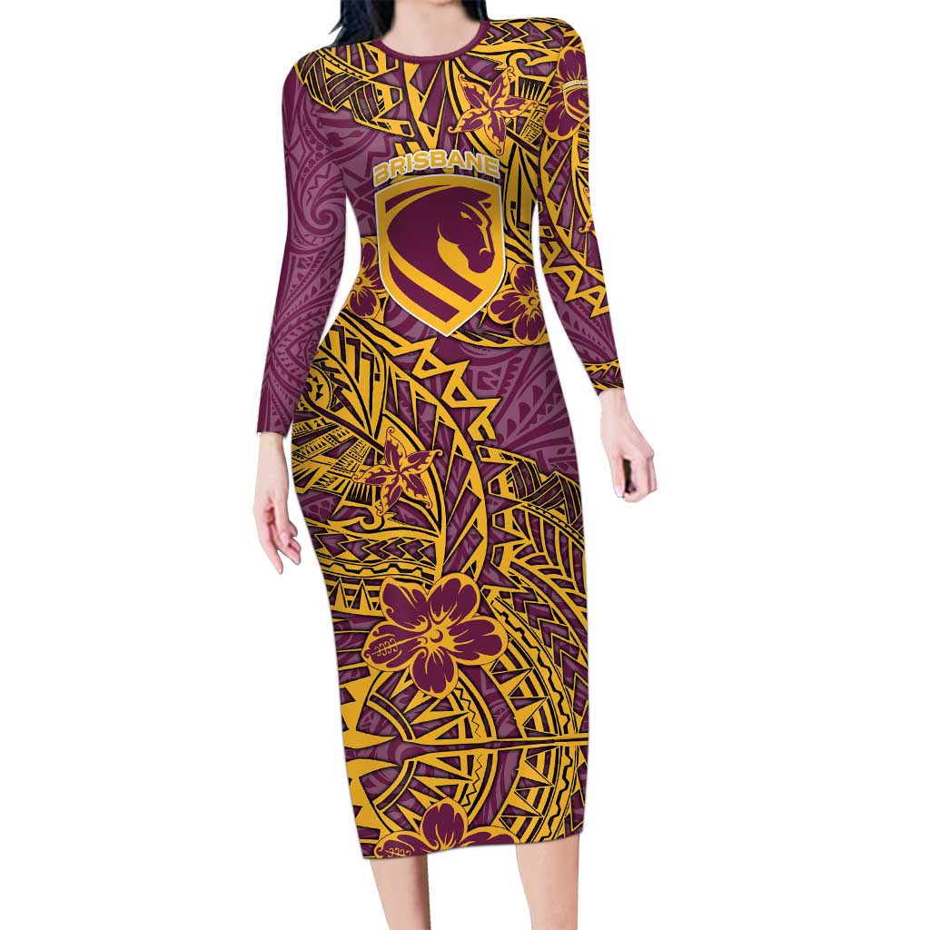 Personalised Brisbane Broncos Long Sleeve Bodycon Dress Polynesian Tribal Pattern With Rugby Horse Mascot Art