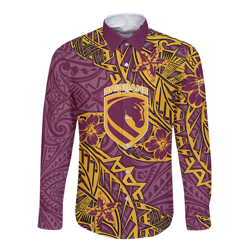 Personalised Brisbane Broncos Long Sleeve Button Shirt Polynesian Tribal Pattern With Rugby Horse Mascot Art