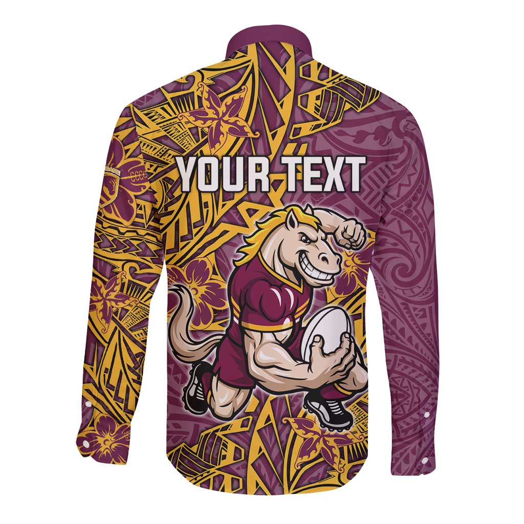 Personalised Brisbane Broncos Long Sleeve Button Shirt Polynesian Tribal Pattern With Rugby Horse Mascot Art