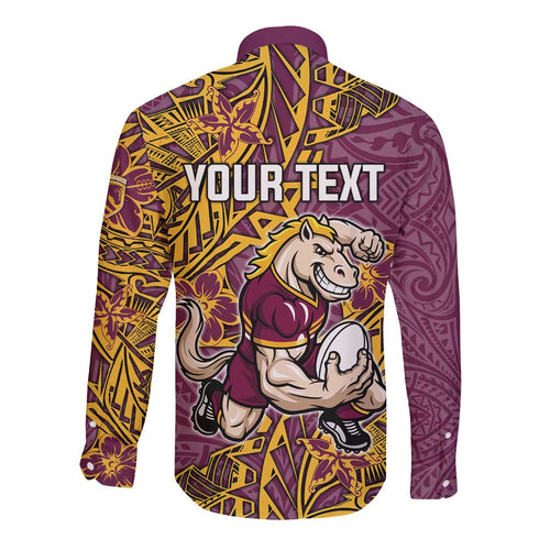 Personalised Brisbane Broncos Long Sleeve Button Shirt Polynesian Tribal Pattern With Rugby Horse Mascot Art