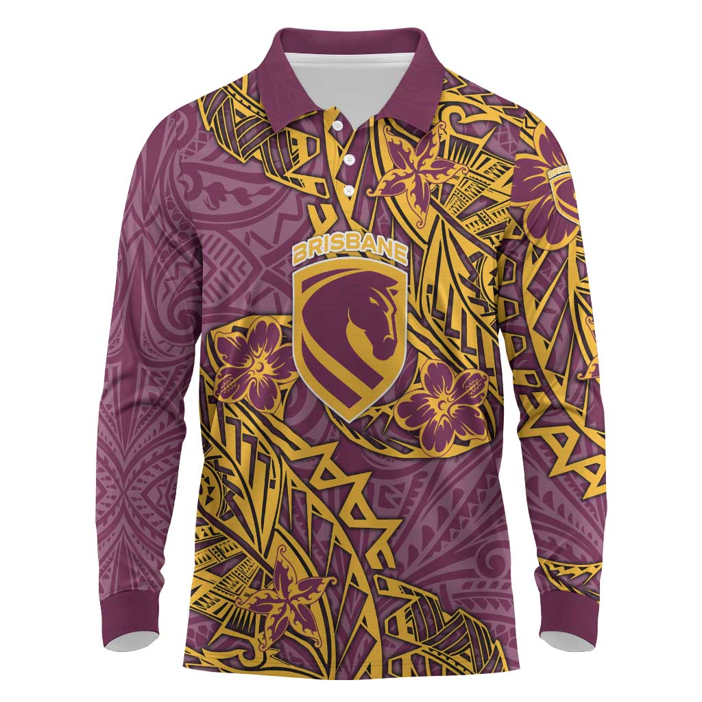 Personalised Brisbane Broncos Long Sleeve Polo Shirt Polynesian Tribal Pattern With Rugby Horse Mascot Art