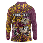 Personalised Brisbane Broncos Long Sleeve Polo Shirt Polynesian Tribal Pattern With Rugby Horse Mascot Art