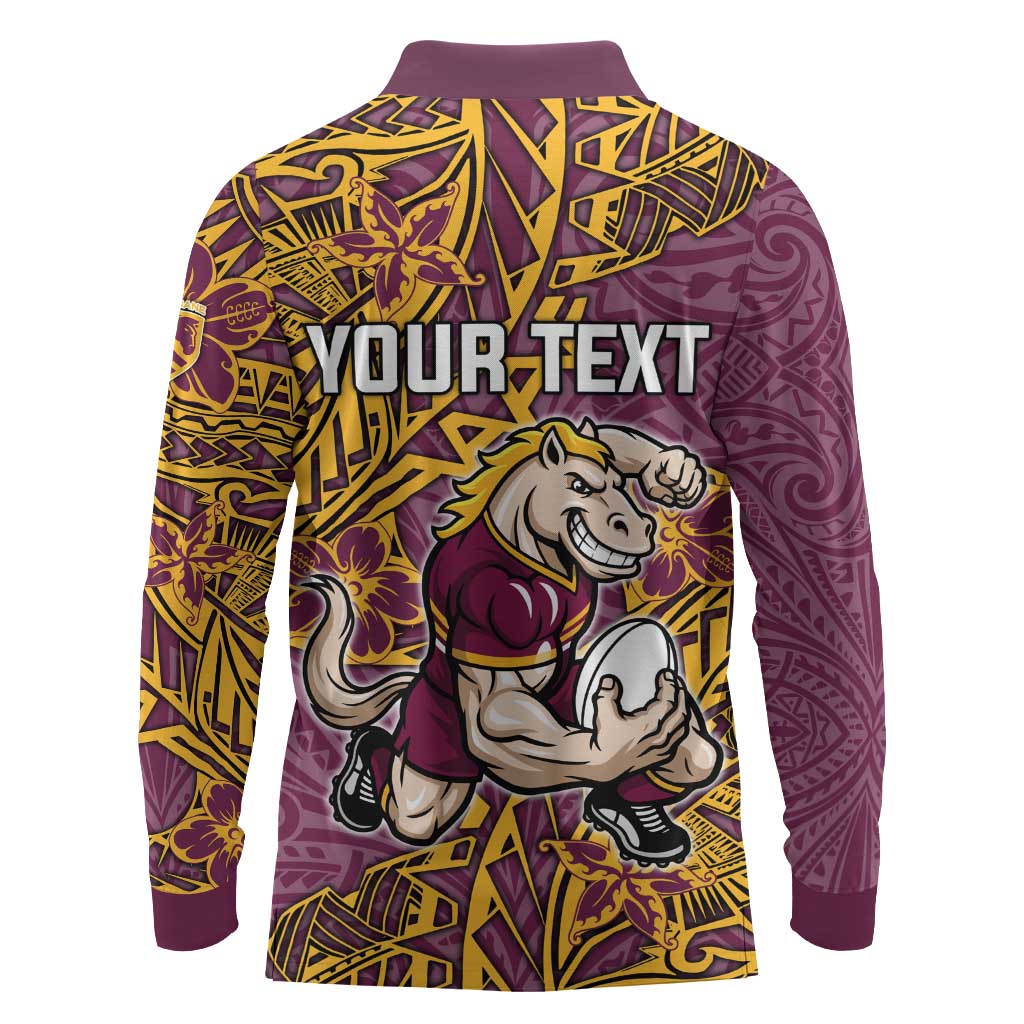 Personalised Brisbane Broncos Long Sleeve Polo Shirt Polynesian Tribal Pattern With Rugby Horse Mascot Art