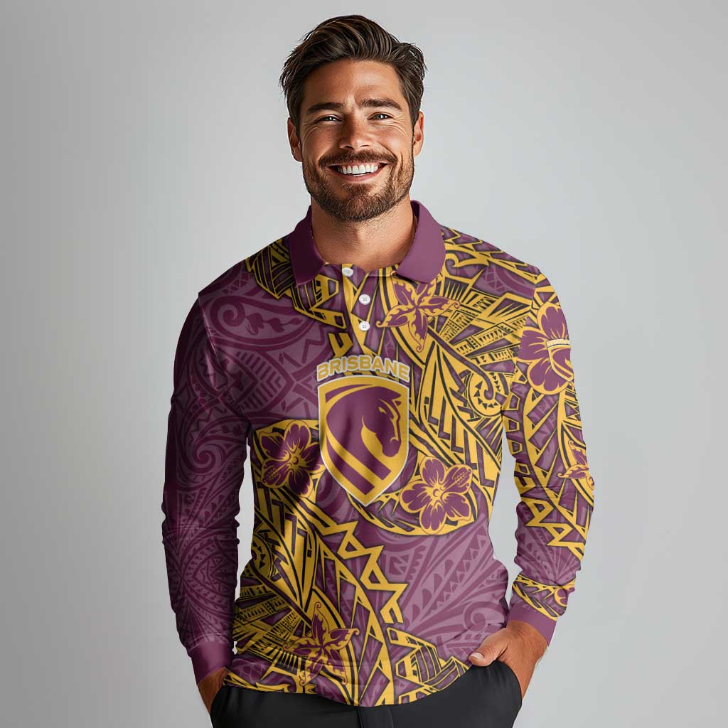Personalised Brisbane Broncos Long Sleeve Polo Shirt Polynesian Tribal Pattern With Rugby Horse Mascot Art