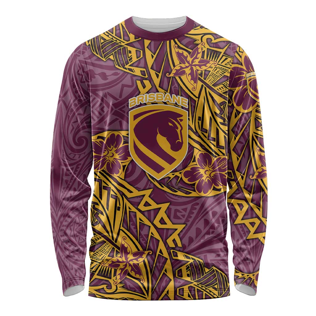 Personalised Brisbane Broncos Long Sleeve Shirt Polynesian Tribal Pattern With Rugby Horse Mascot Art
