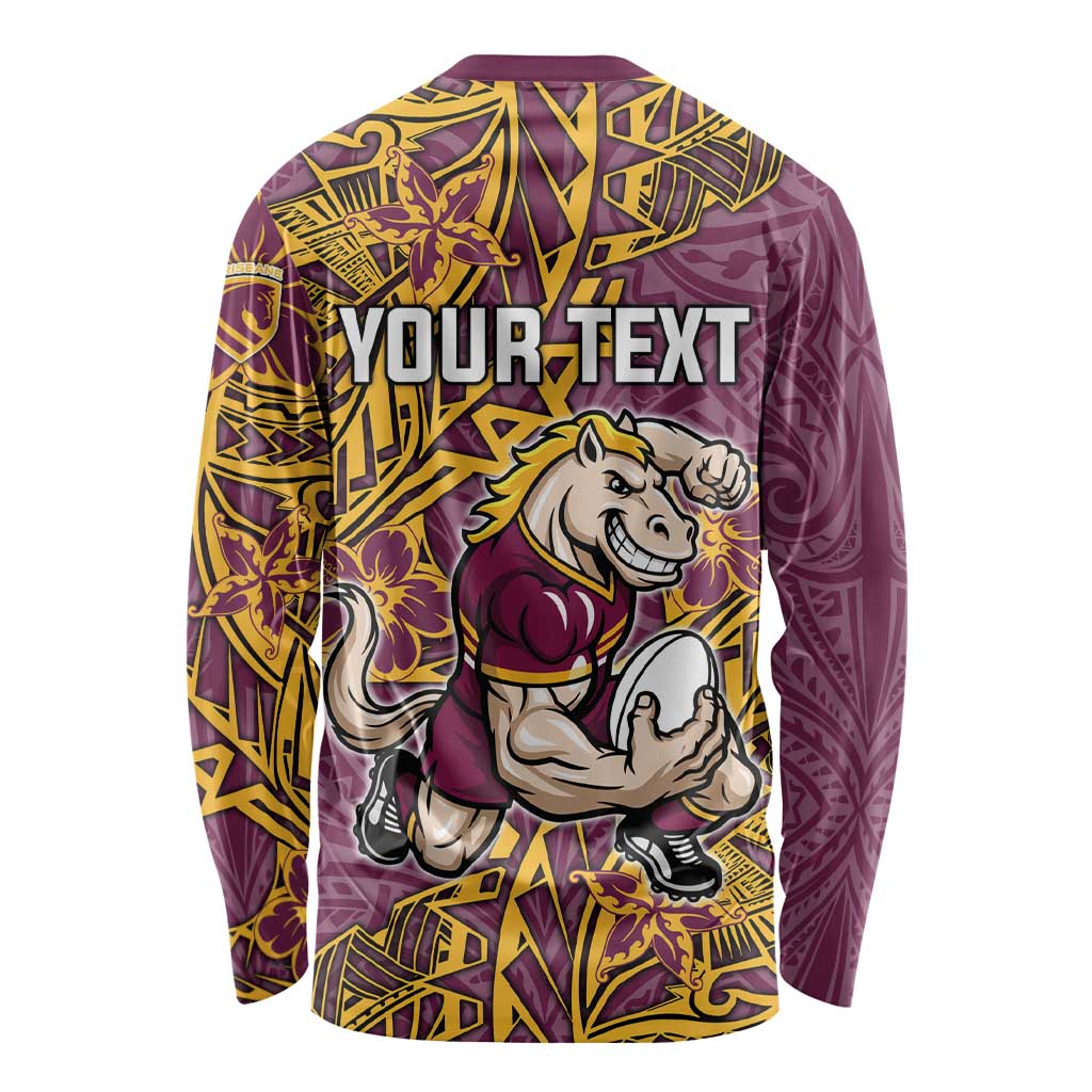 Personalised Brisbane Broncos Long Sleeve Shirt Polynesian Tribal Pattern With Rugby Horse Mascot Art