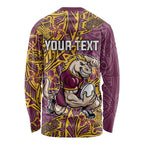 Personalised Brisbane Broncos Long Sleeve Shirt Polynesian Tribal Pattern With Rugby Horse Mascot Art
