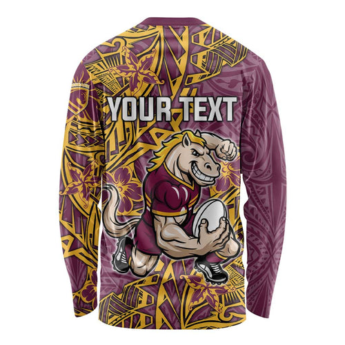 Personalised Brisbane Broncos Long Sleeve Shirt Polynesian Tribal Pattern With Rugby Horse Mascot Art