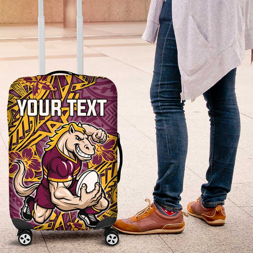 Personalised Brisbane Broncos Luggage Cover Polynesian Tribal Pattern With Rugby Horse Mascot Art