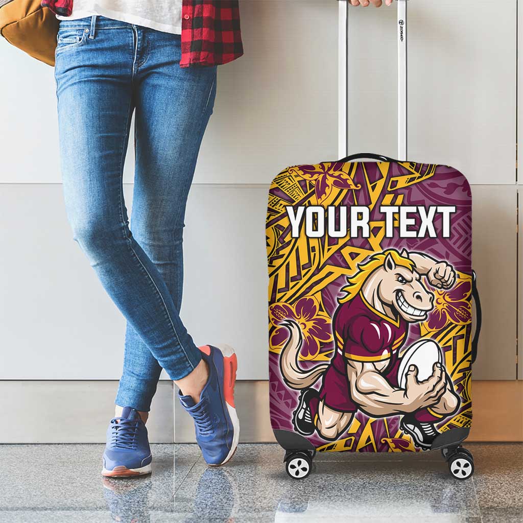 Personalised Brisbane Broncos Luggage Cover Polynesian Tribal Pattern With Rugby Horse Mascot Art