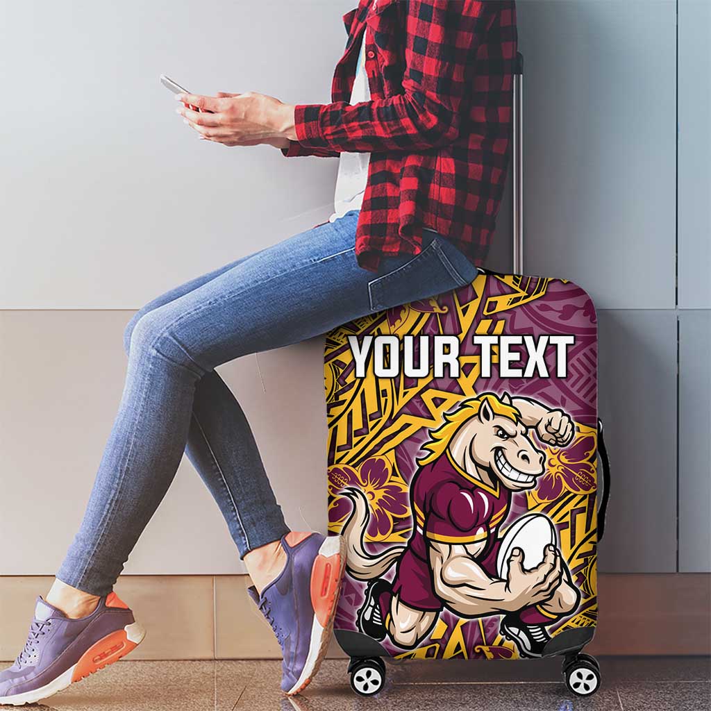 Personalised Brisbane Broncos Luggage Cover Polynesian Tribal Pattern With Rugby Horse Mascot Art