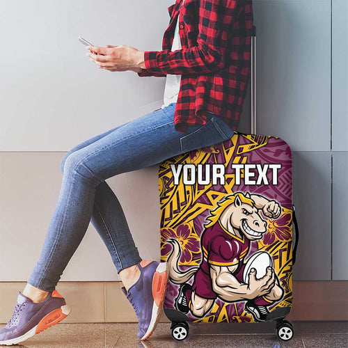 Personalised Brisbane Broncos Luggage Cover Polynesian Tribal Pattern With Rugby Horse Mascot Art