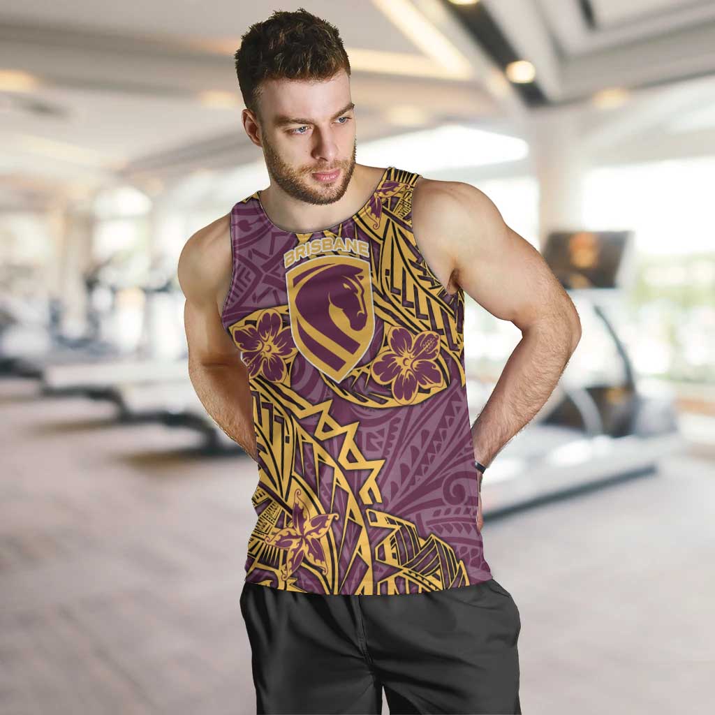 Personalised Brisbane Broncos Men Tank Top Polynesian Tribal Pattern With Rugby Horse Mascot Art