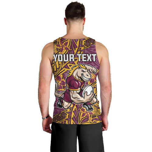 Personalised Brisbane Broncos Men Tank Top Polynesian Tribal Pattern With Rugby Horse Mascot Art