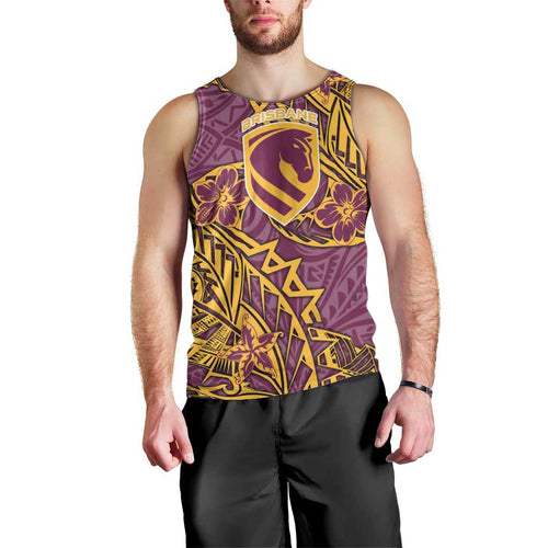 Personalised Brisbane Broncos Men Tank Top Polynesian Tribal Pattern With Rugby Horse Mascot Art