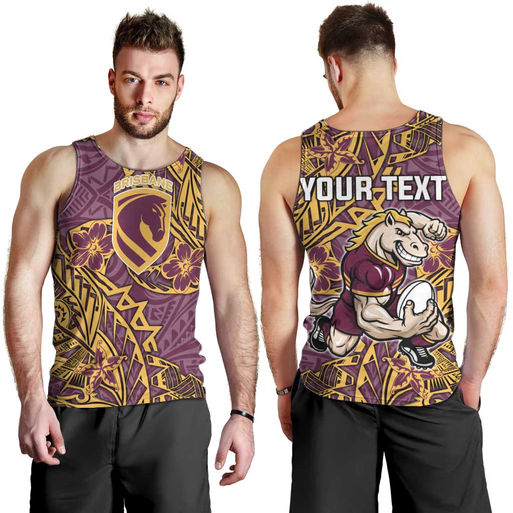 Personalised Brisbane Broncos Men Tank Top Polynesian Tribal Pattern With Rugby Horse Mascot Art