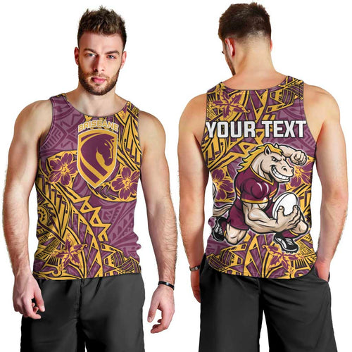 Personalised Brisbane Broncos Men Tank Top Polynesian Tribal Pattern With Rugby Horse Mascot Art