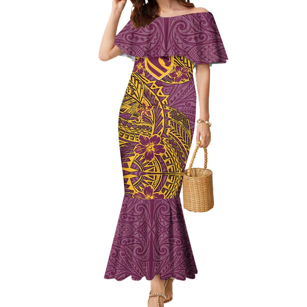 Personalised Brisbane Broncos Mermaid Dress Polynesian Tribal Pattern With Rugby Horse Mascot Art
