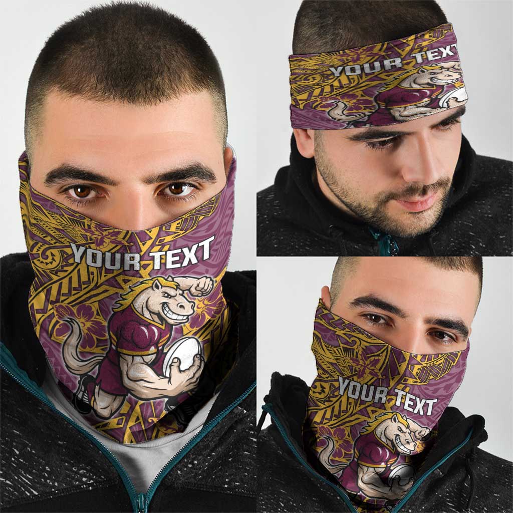 Personalised Brisbane Broncos Neck Gaiter Polynesian Tribal Pattern With Rugby Horse Mascot Art