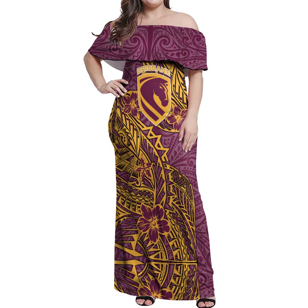 Personalised Brisbane Broncos Off Shoulder Maxi Dress Polynesian Tribal Pattern With Rugby Horse Mascot Art