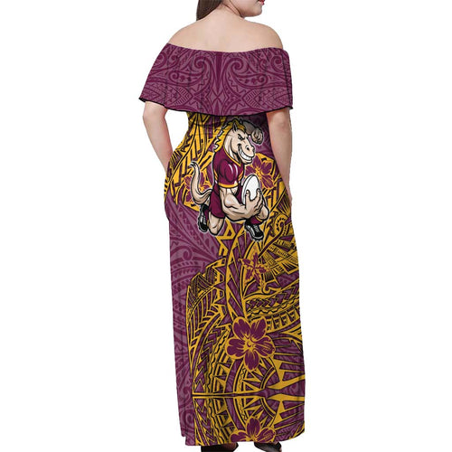 Personalised Brisbane Broncos Off Shoulder Maxi Dress Polynesian Tribal Pattern With Rugby Horse Mascot Art
