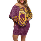 Personalised Brisbane Broncos Off Shoulder Short Dress Polynesian Tribal Pattern With Rugby Horse Mascot Art