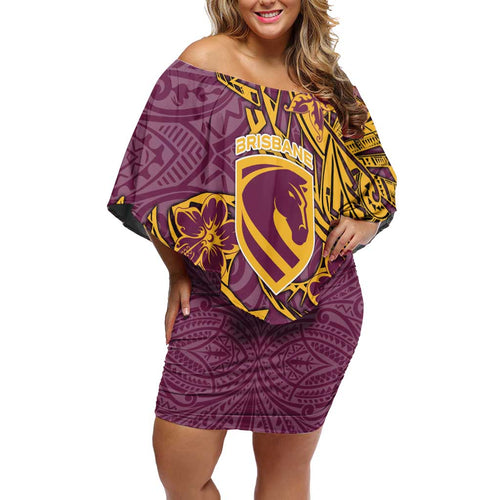 Personalised Brisbane Broncos Off Shoulder Short Dress Polynesian Tribal Pattern With Rugby Horse Mascot Art
