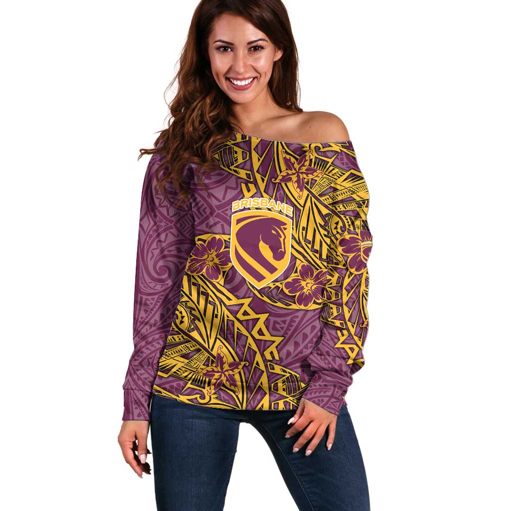 Personalised Brisbane Broncos Off Shoulder Sweater Polynesian Tribal Pattern With Rugby Horse Mascot Art