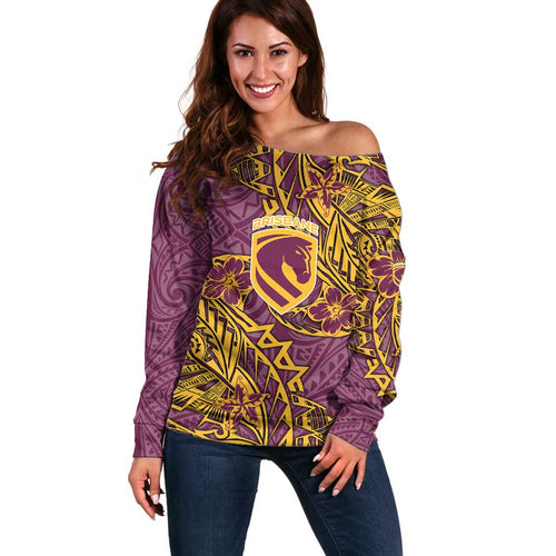 Personalised Brisbane Broncos Off Shoulder Sweater Polynesian Tribal Pattern With Rugby Horse Mascot Art