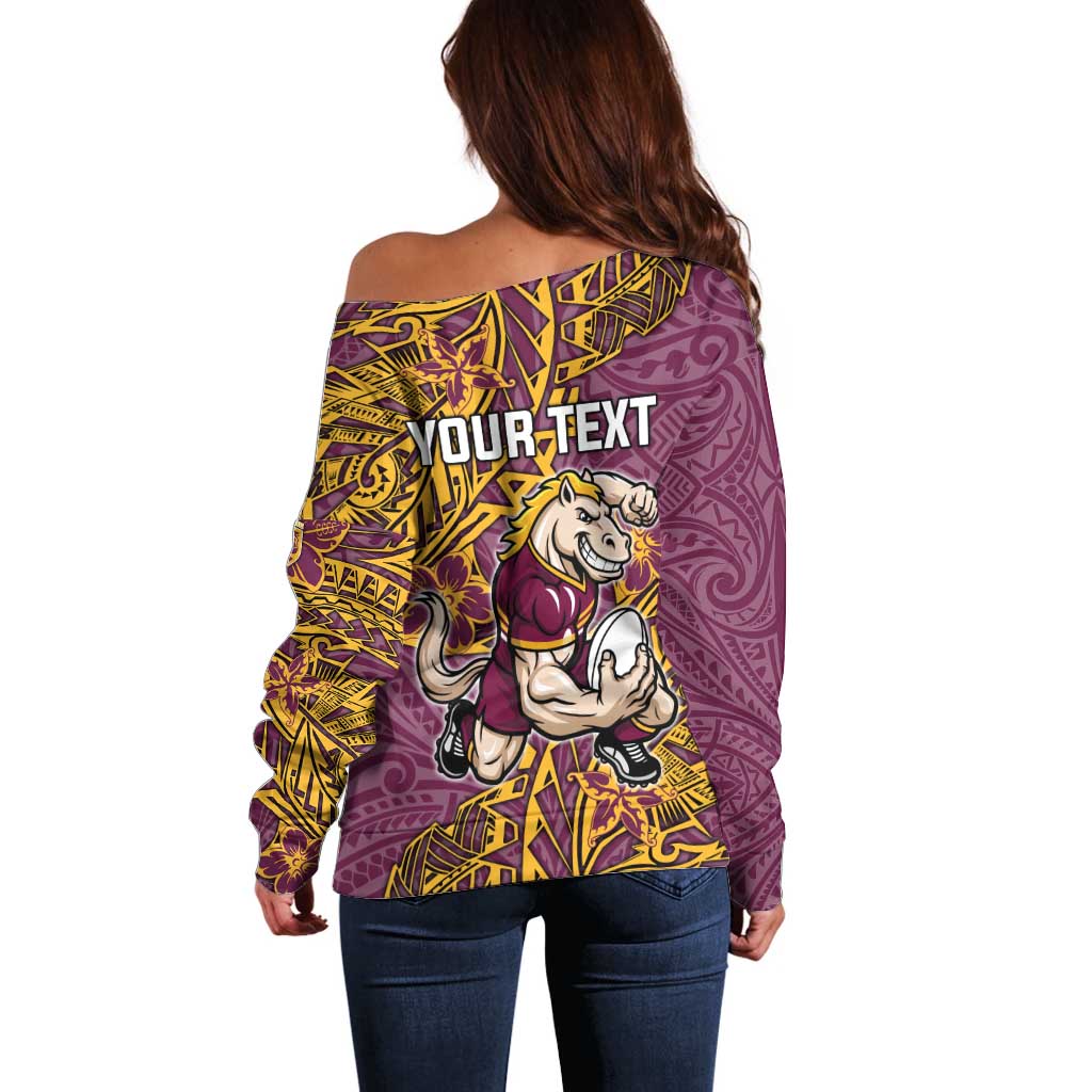 Personalised Brisbane Broncos Off Shoulder Sweater Polynesian Tribal Pattern With Rugby Horse Mascot Art