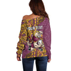 Personalised Brisbane Broncos Off Shoulder Sweater Polynesian Tribal Pattern With Rugby Horse Mascot Art