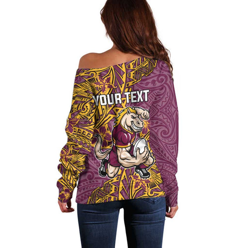 Personalised Brisbane Broncos Off Shoulder Sweater Polynesian Tribal Pattern With Rugby Horse Mascot Art