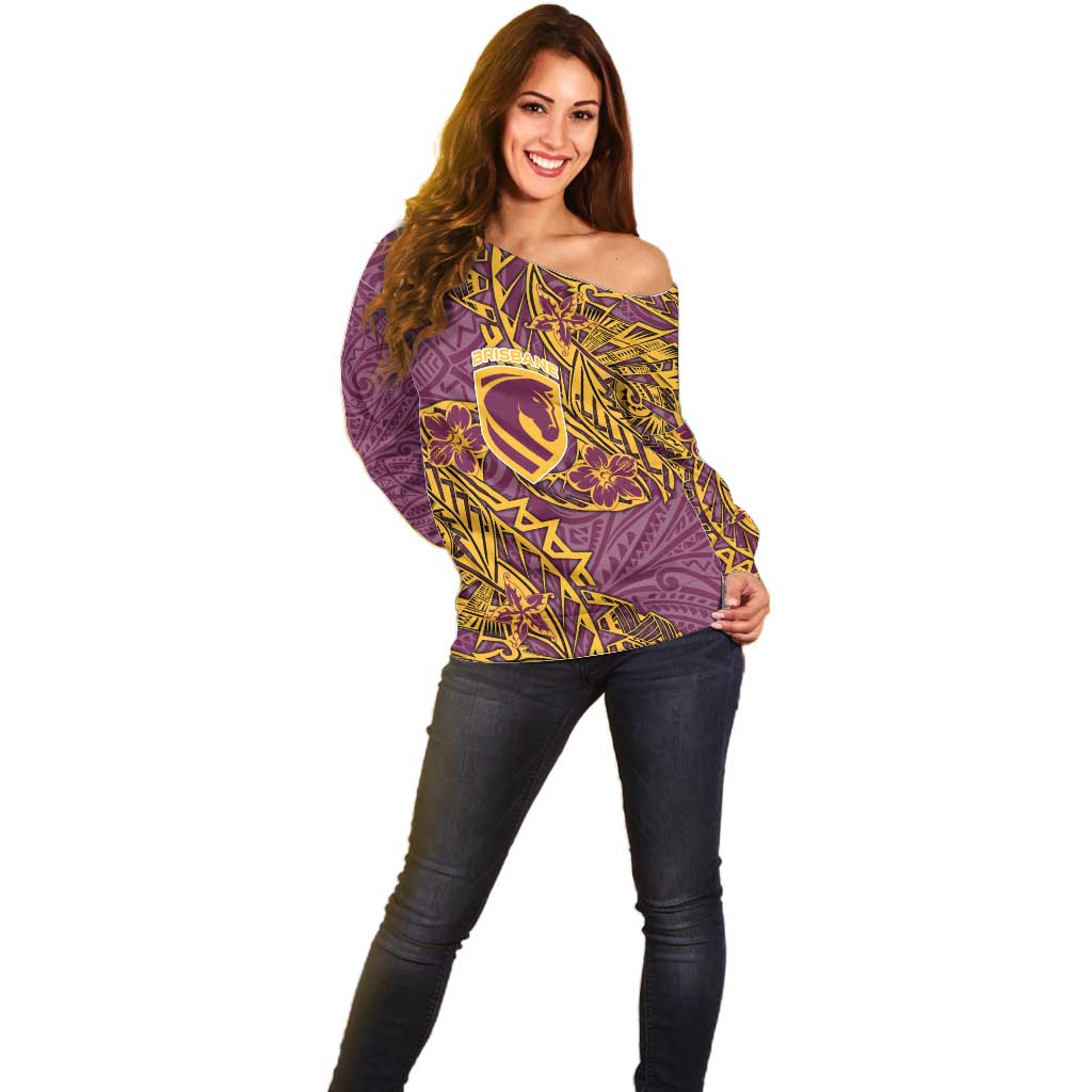 Personalised Brisbane Broncos Off Shoulder Sweater Polynesian Tribal Pattern With Rugby Horse Mascot Art