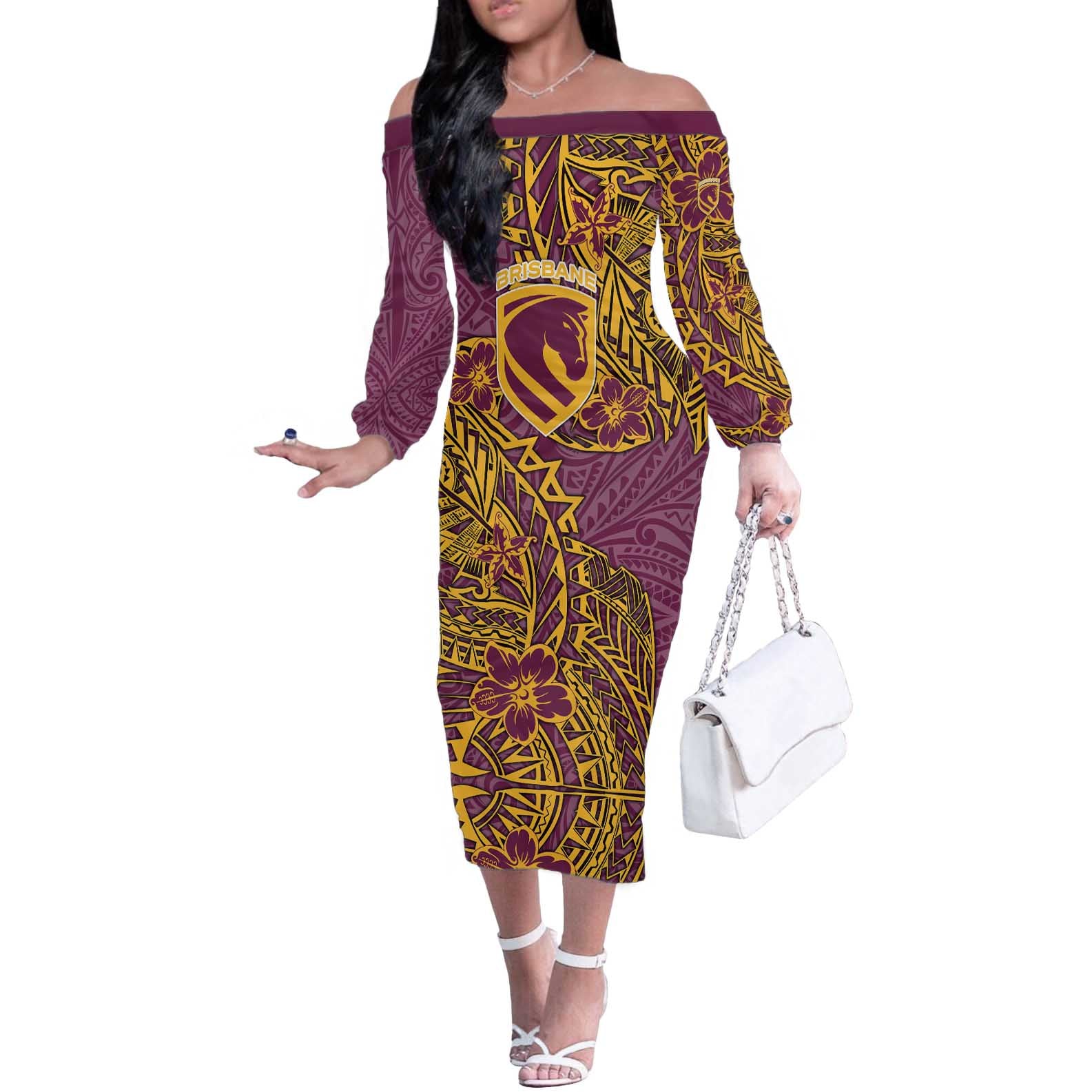 Personalised Brisbane Broncos Off The Shoulder Long Sleeve Dress Polynesian Tribal Pattern With Rugby Horse Mascot Art