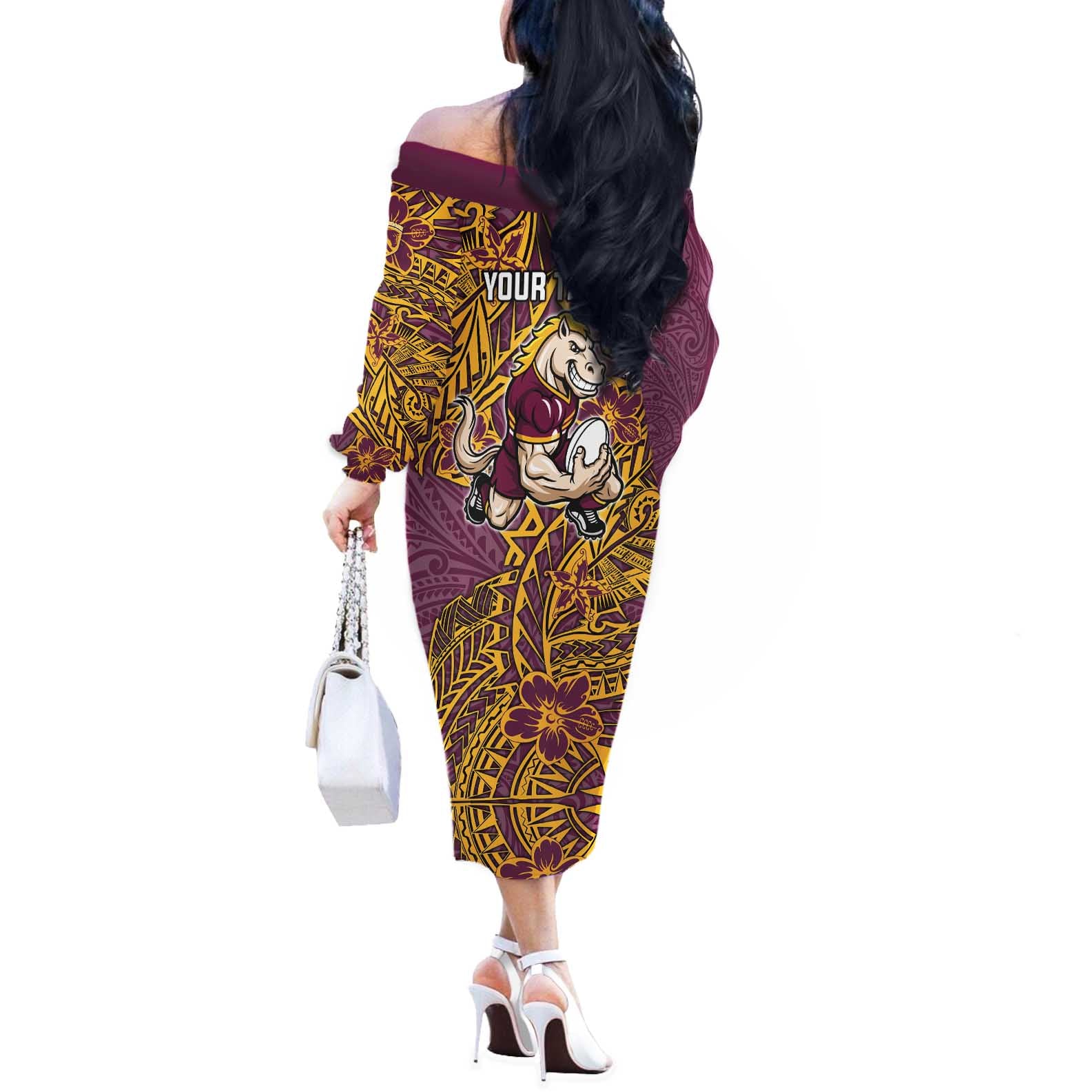 Personalised Brisbane Broncos Off The Shoulder Long Sleeve Dress Polynesian Tribal Pattern With Rugby Horse Mascot Art