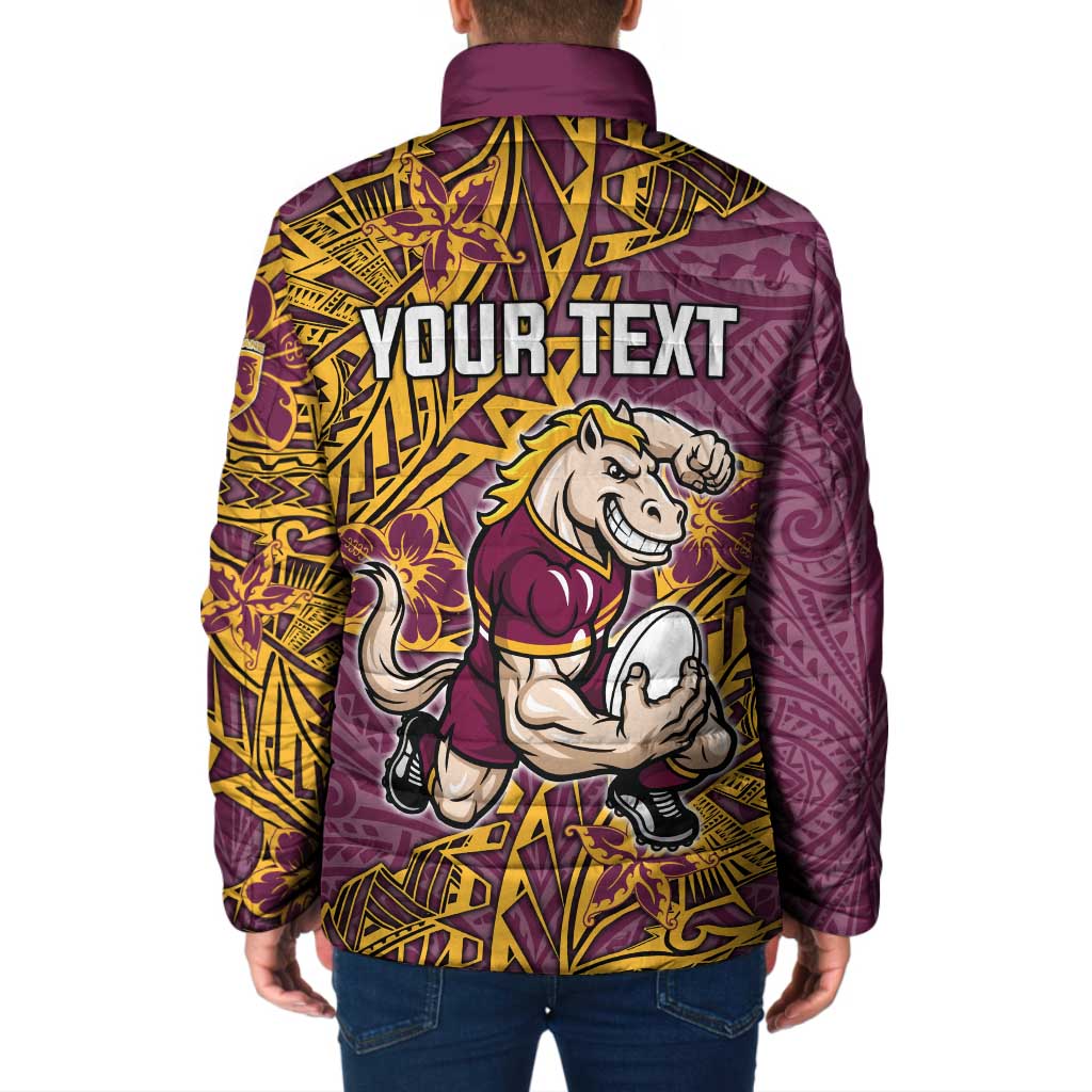 Personalised Brisbane Broncos Padded Jacket Polynesian Tribal Pattern With Rugby Horse Mascot Art