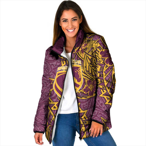 Personalised Brisbane Broncos Padded Jacket Polynesian Tribal Pattern With Rugby Horse Mascot Art