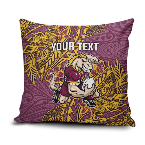 Personalised Brisbane Broncos Pillow Cover Polynesian Tribal Pattern With Rugby Horse Mascot Art