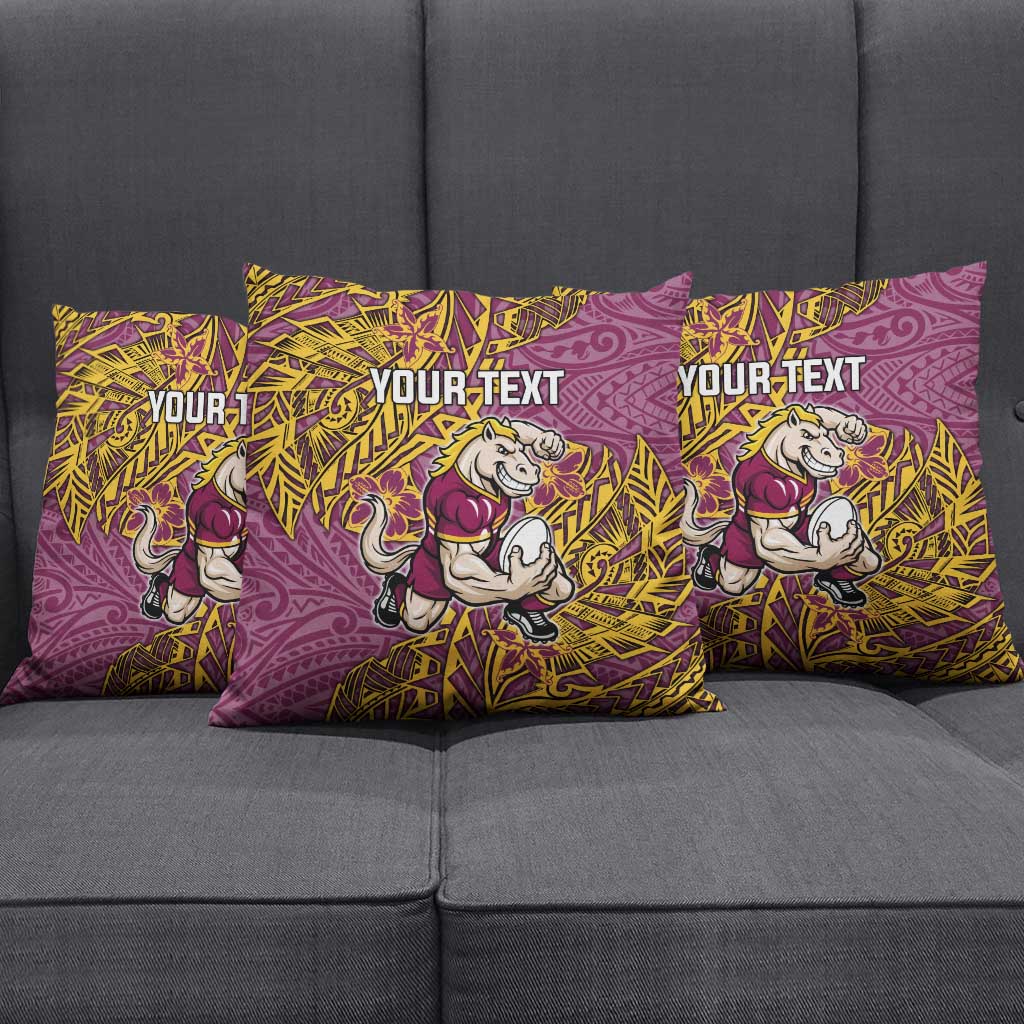 Personalised Brisbane Broncos Pillow Cover Polynesian Tribal Pattern With Rugby Horse Mascot Art