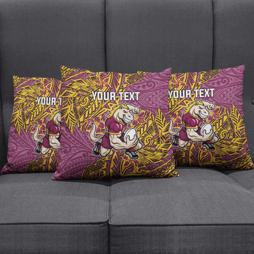 Personalised Brisbane Broncos Pillow Cover Polynesian Tribal Pattern With Rugby Horse Mascot Art