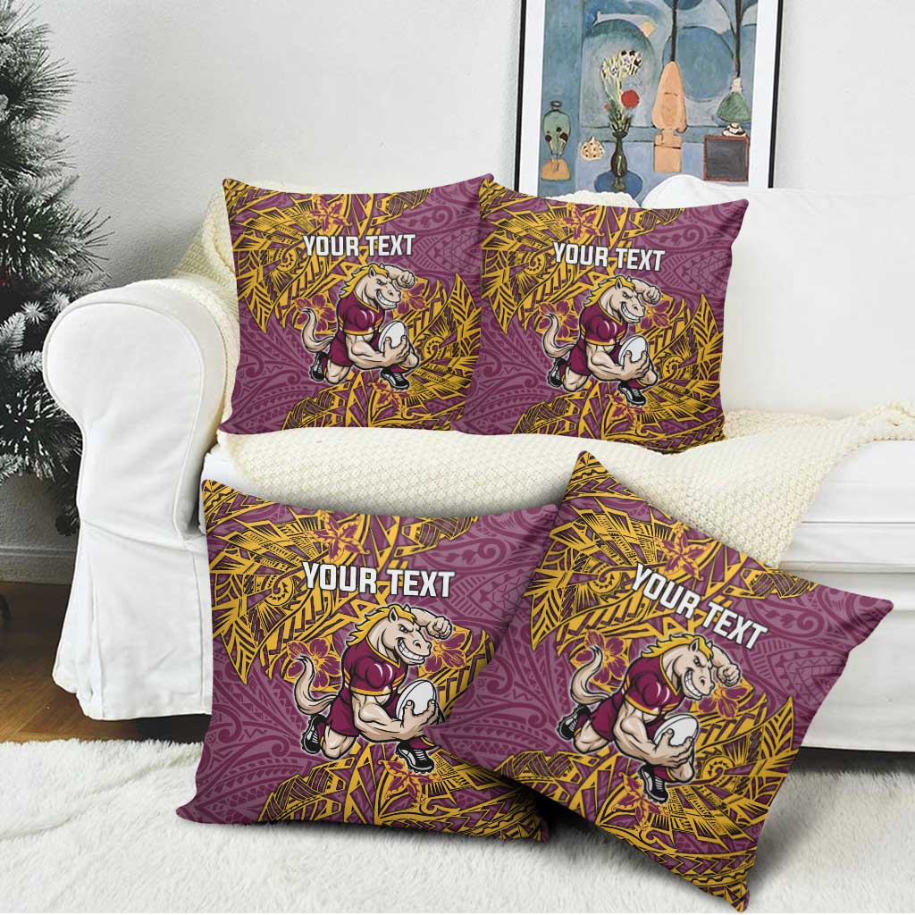 Personalised Brisbane Broncos Pillow Cover Polynesian Tribal Pattern With Rugby Horse Mascot Art