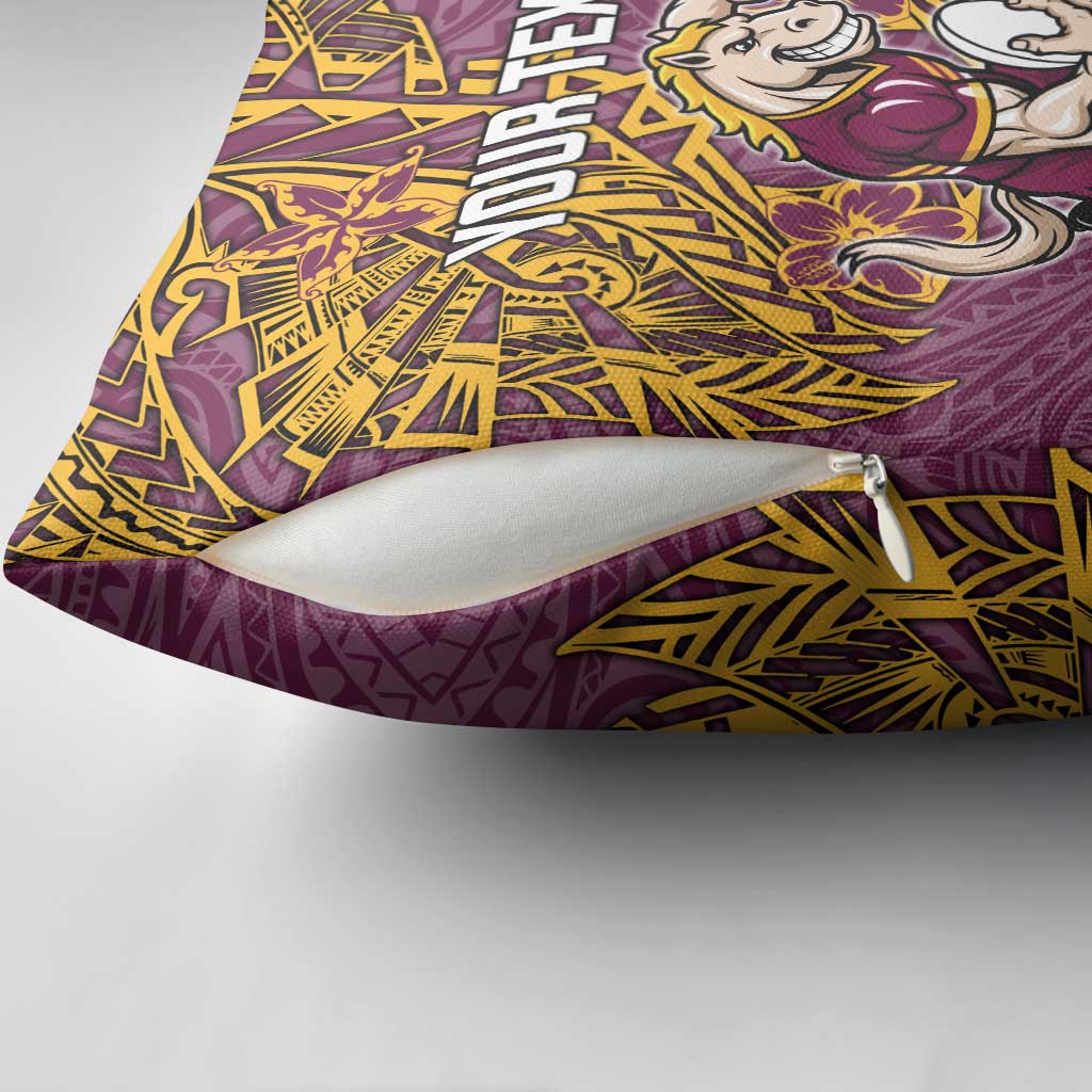 Personalised Brisbane Broncos Pillow Cover Polynesian Tribal Pattern With Rugby Horse Mascot Art