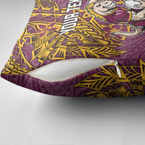Personalised Brisbane Broncos Pillow Cover Polynesian Tribal Pattern With Rugby Horse Mascot Art