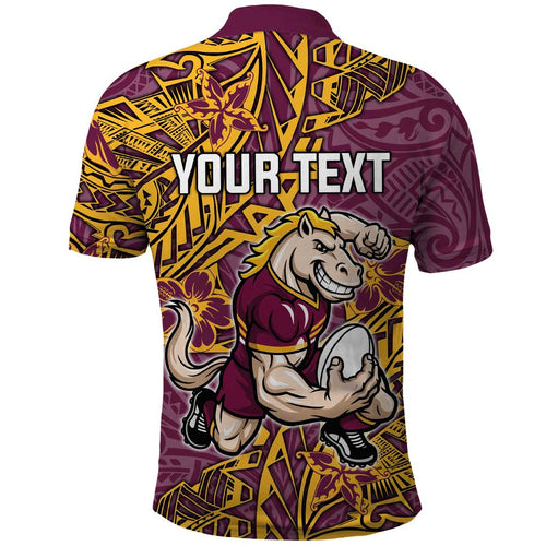 Personalised Brisbane Broncos Polo Shirt Polynesian Tribal Pattern With Rugby Horse Mascot Art
