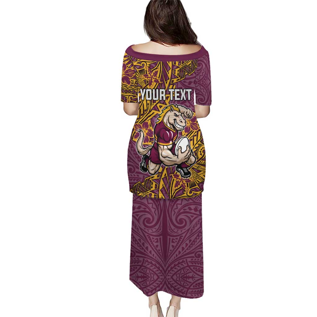 Personalised Brisbane Broncos Puletasi Polynesian Tribal Pattern With Rugby Horse Mascot Art