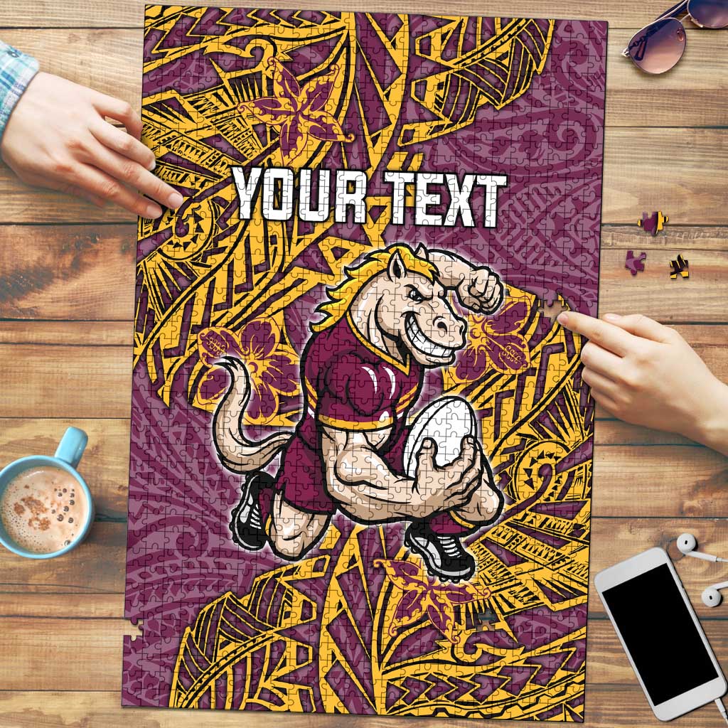 Personalised Brisbane Broncos Puzzle Polynesian Tribal Pattern With Rugby Horse Mascot Art