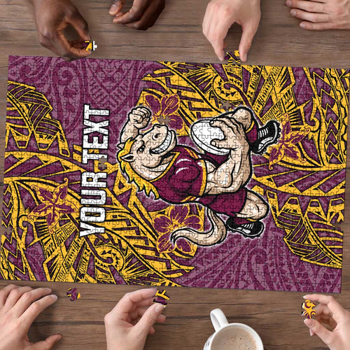 Personalised Brisbane Broncos Puzzle Polynesian Tribal Pattern With Rugby Horse Mascot Art
